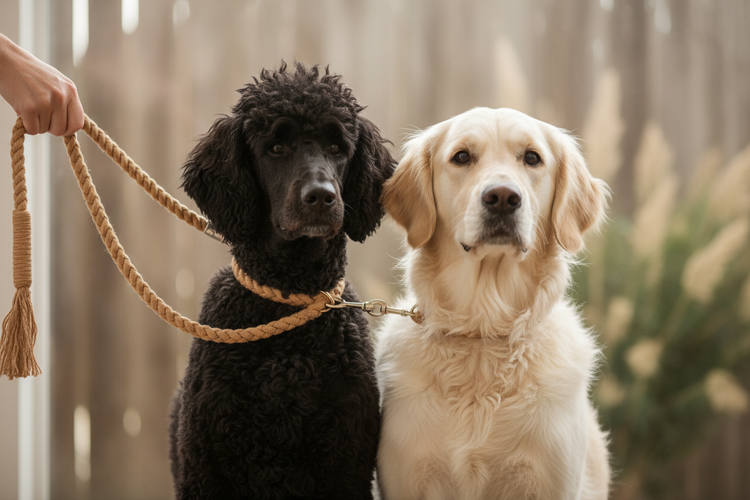 Großpudel und Golden Retriever mit Tauleine